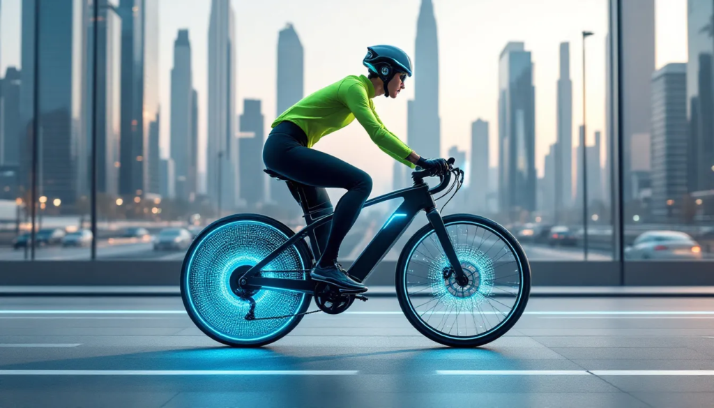 A cyclist wearing a helmet and safety gear while riding an electric bike.