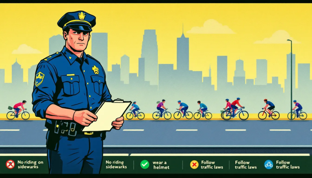 A police officer observing cyclists to enforce bike laws.