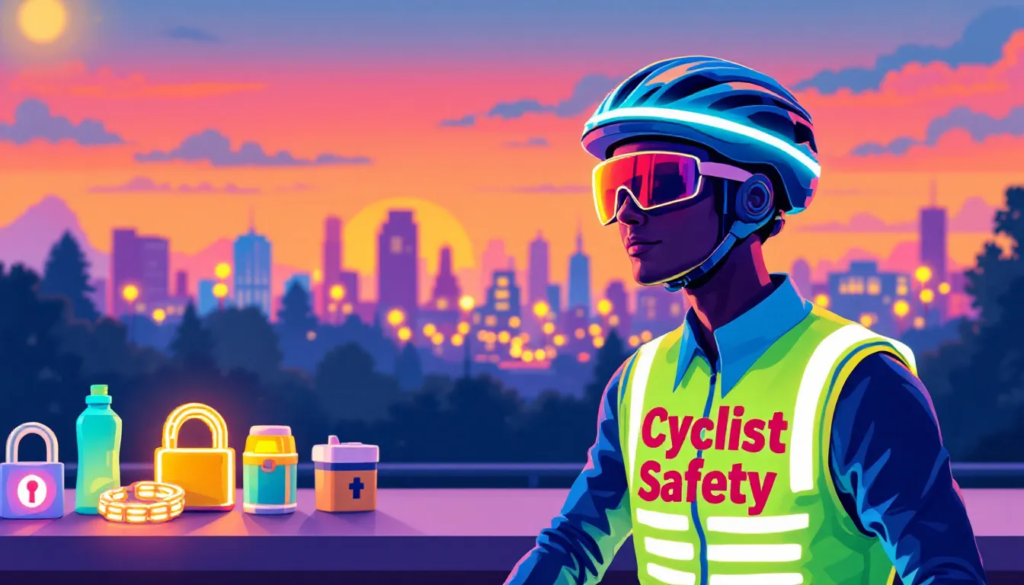 Safety gear and equipment for cyclists, including helmets and reflective vests.