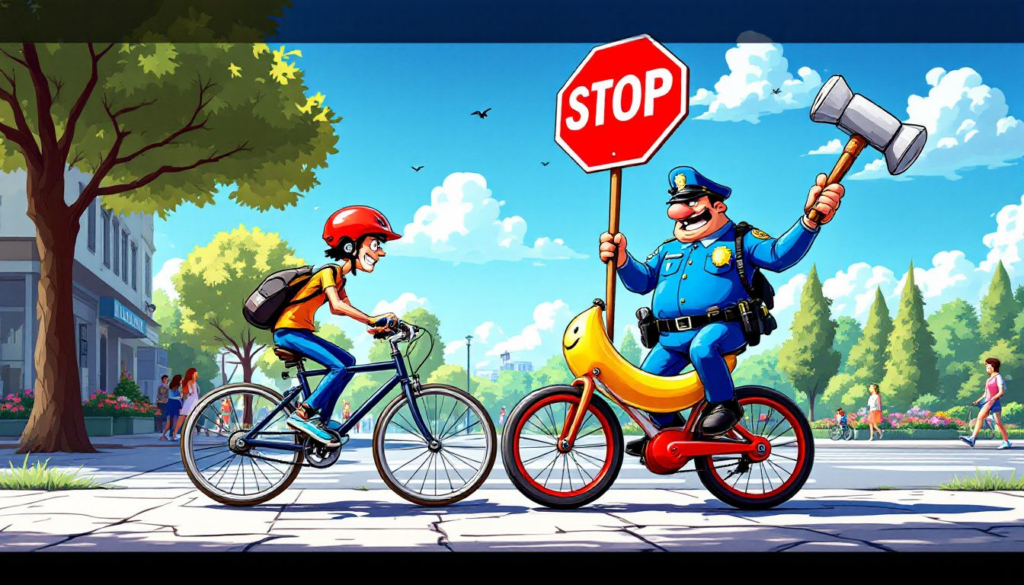 A cyclist receiving a warning from a police officer for improper sidewalk cycling.