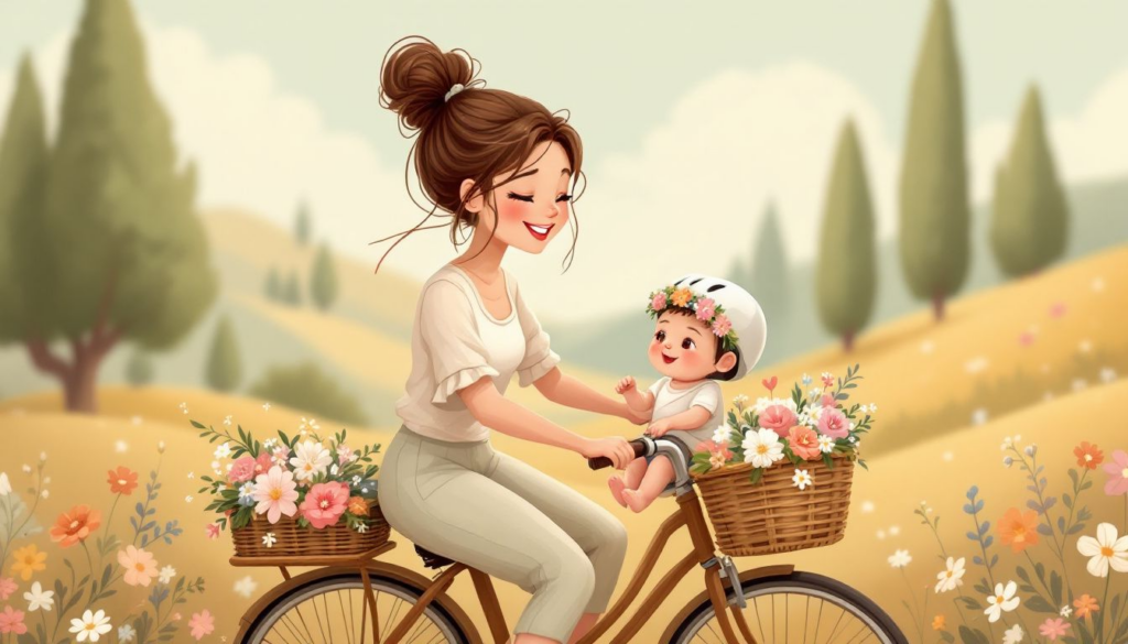 A new mother on a bike, symbolizing postpartum cycling and getting back on the bike.