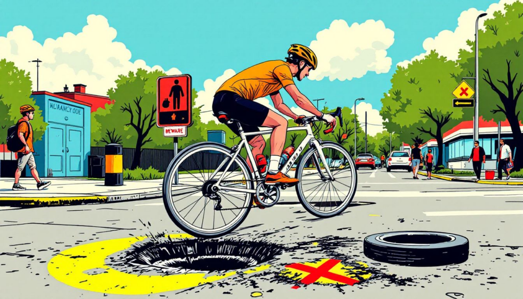 A cyclist navigating around road hazards while riding.