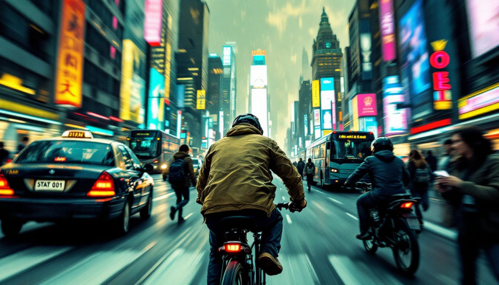 A cyclist navigating through a busy urban area, highlighting risk factors.