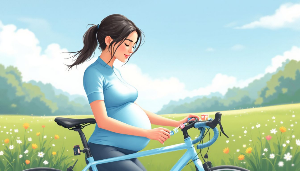 A pregnant woman adjusting her bike setup, emphasizing trimester-specific cycling tips.