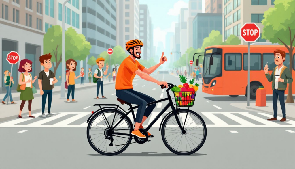 A cyclist using hand signals at an intersection, showing practical tips for cyclists.