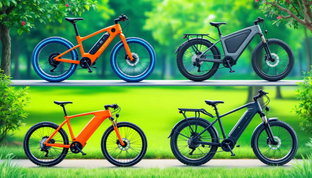 A variety of electric bikes showcased in a park setting.