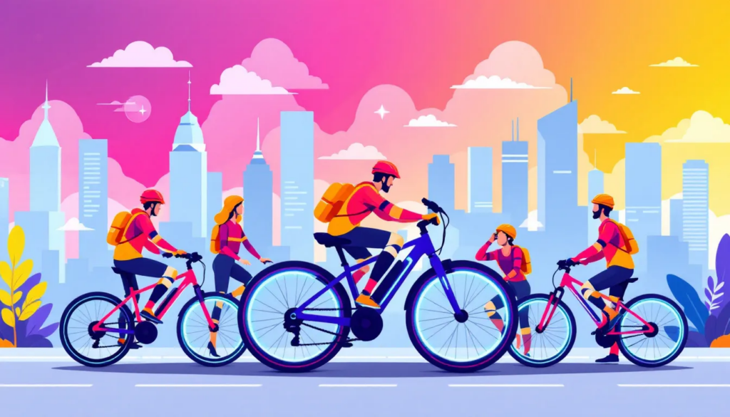 A group of e-bike riders practicing safety guidelines while riding.